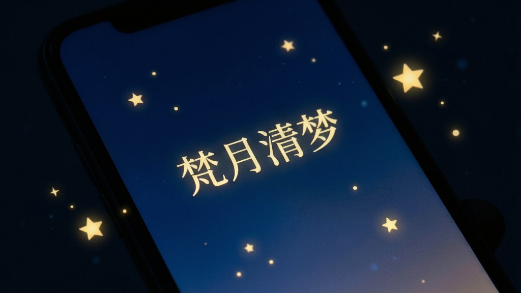 手机在暗光环境下显示“梵月清梦”夜间阅读界面,深蓝色背景配暖黄文字,周围有星星点点光晕,布局为全屏文字排版,风格静谧唯美,细节包括柔和渐变与细腻噪点,画质纯净高清,无多余元素