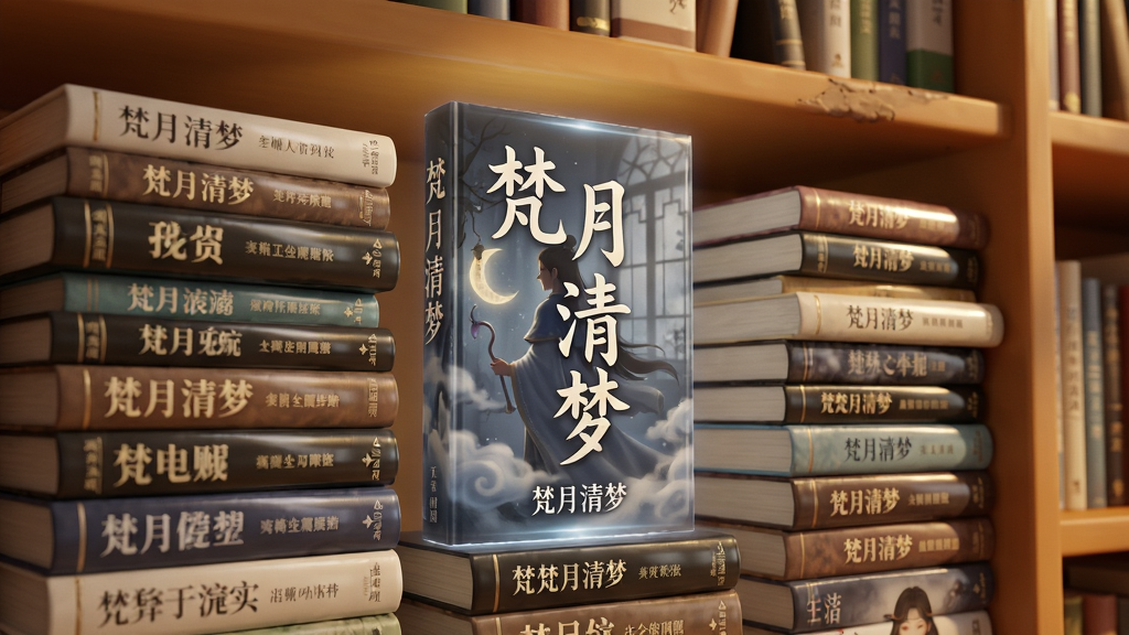书架界面堆叠着各种小说封面,中央高亮显示“梵月清梦”封面,背景是暖色书架,布局错落有致,风格写实立体,细节包括书脊文字与光影反射,画质细腻干净,无多余元素