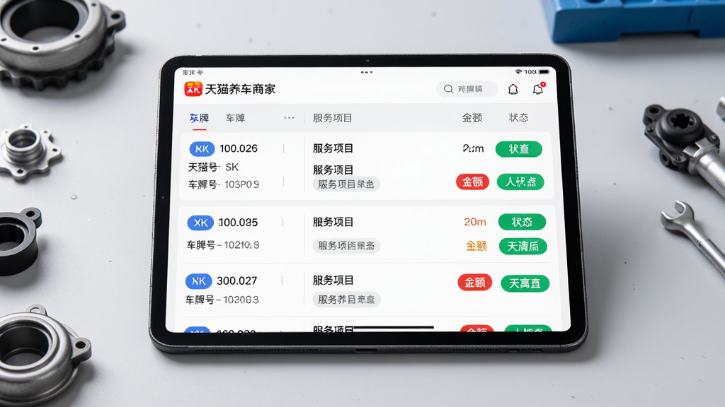 主体:一个平板电脑横屏展示“天猫养车商家”的订单列表页面,列表项显示车牌号、服务项目、金额和状态标签。布局:平板电脑居中,背景为干净的浅灰色工作台,上面散落着几个汽车零件模型。排版:订单列表采用分栏设计,状态标签用彩色圆角矩形突出显示。风格:商务简洁,真实摄影感,自然光。细节:屏幕中订单文字清晰,状态标签颜色鲜艳,平板边框有质感。画质:4K,干净,无多余元素。