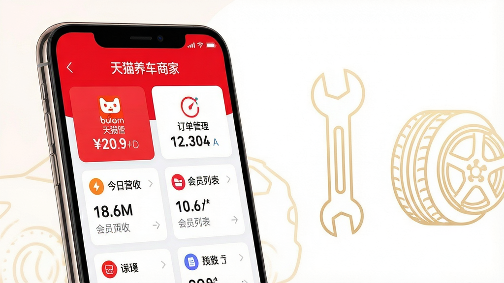主体:一个智能手机屏幕特写,屏幕中清晰显示“天猫养车商家”APP的主界面,界面包含订单管理、今日营收、会员列表等模块图标。布局:手机居中偏左,右侧留白区域用淡金色线条勾勒出汽车维修保养的工具轮廓,如扳手、轮胎。排版:手机屏幕内容清晰可读,界面卡片式布局,色调以天猫红和白色为主。风格:现代科技感与商业结合,扁平化设计,光线明亮柔和。细节:屏幕中的数字和文字清晰锐利,手机边缘有细微反光。画质:超高清,干净,无多余元素。