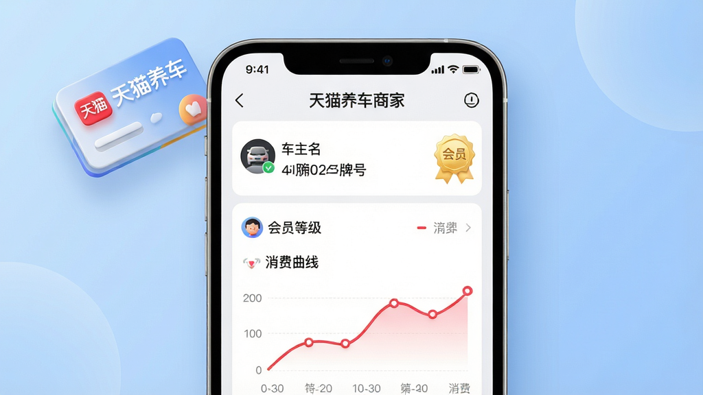 主体:一个手机屏幕特写,显示“天猫养车商家”的会员详情页,包含车主姓名、车牌号、会员等级、消费曲线图。布局:手机屏幕占画面中心,背景为柔和的蓝色渐变,左上角浮动着会员卡片的3D图标。排版:信息层级分明,消费曲线用红色折线表示,会员等级用金色徽章展示。风格:数据可视化,现代UI设计,色彩清新。细节:曲线图数据点清晰,卡片圆角平滑,有轻微阴影。画质:高保真,干净,无多余元素。