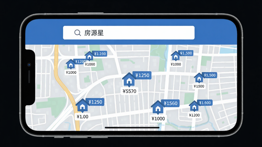 画面展示一款名为“房源星”的手机APP界面,主屏幕中央显示一张城市地图,地图上分布着多个房屋图标,每个图标带有价格标签。顶部搜索栏有“房源星”三个字,界面整体以蓝色和白色为主色调,扁平化设计,布局清晰,排版整齐,画质清晰,干净无多余元素。
