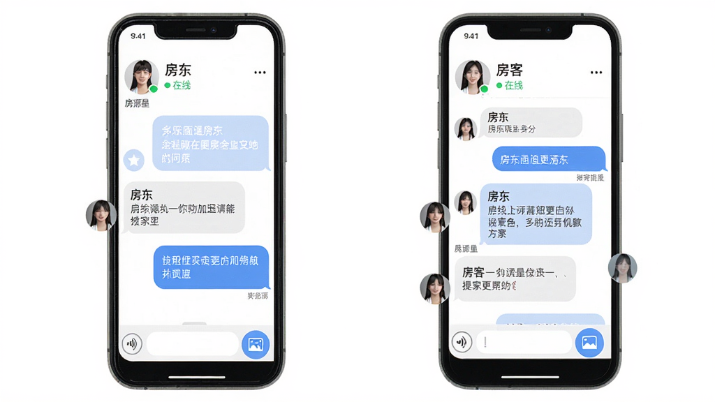 展示“房源星”APP内聊天界面,屏幕左右两侧分别为房东与租客的对话气泡,底部有语音输入与图片发送按钮。界面顶部显示房东头像和“在线”状态,整体色调柔和,图标清晰,排版整齐,画质清晰,干净无多余元素。