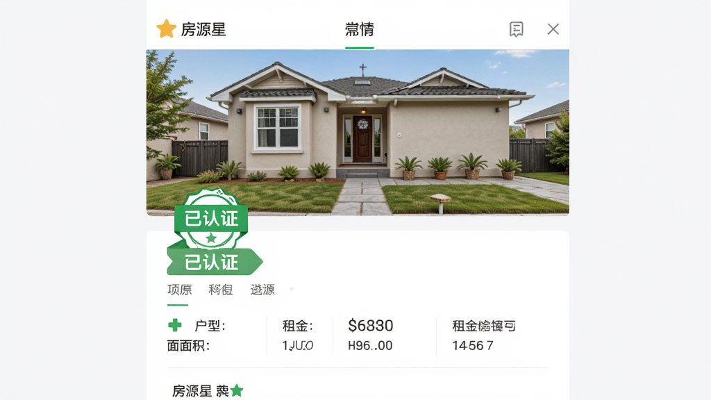 展示“房源星”软件中一套经过认证的房源详情页面,页面顶部为房屋实拍照片,下方清晰标注“已认证”绿色徽章,包含户型、面积、租金等数据。整体界面简洁明亮,信息排列有序,风格写实,画质高清,干净无多余元素。