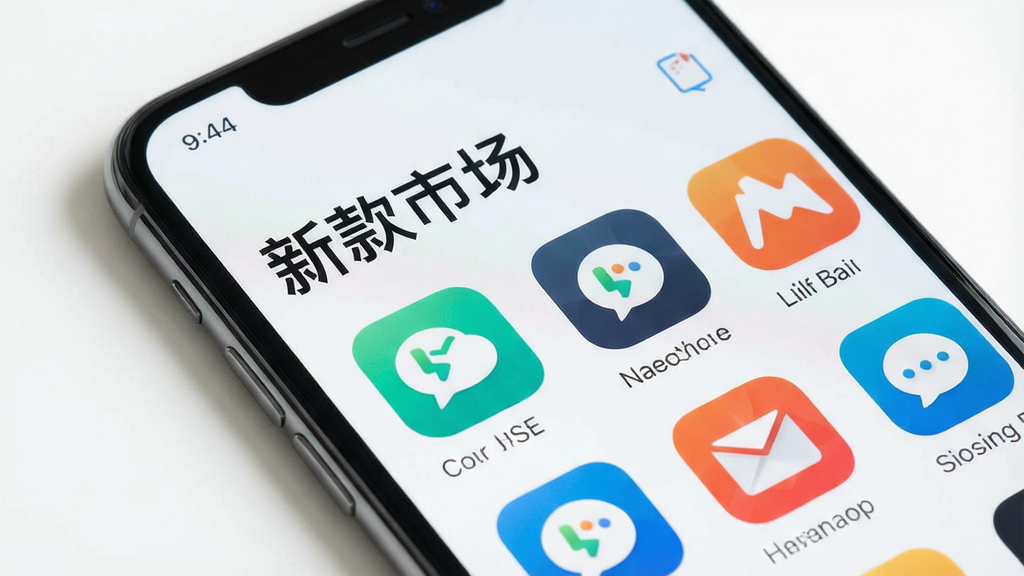一张智能手机屏幕展示新款市场应用商店界面的高清图片,屏幕中显示“新款市场”字样及各类应用图标,背景简洁明亮,布局清爽,整体风格现代,画质干净,无多余元素