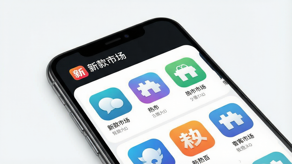 新款市场应用商店界面展示图,主体为手机屏幕上的应用列表,包含“新款市场”的LOGO和多个热门应用图标,布局清晰,排版整齐,风格简洁,画质高清,干净无杂物