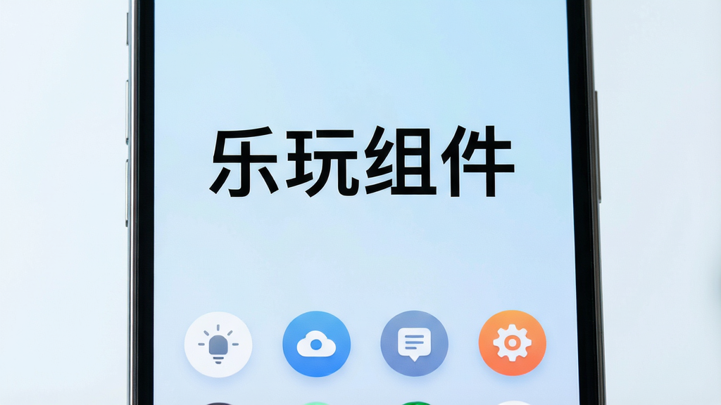 一张现代简约风格的智能手机屏幕特写,屏幕中央显示“乐玩组件”四个大字,下方排列着整齐的圆形功能图标,背景为淡蓝色渐变,整体画面干净明亮,突出软件的专业与易用性,画质清晰,无多余元素