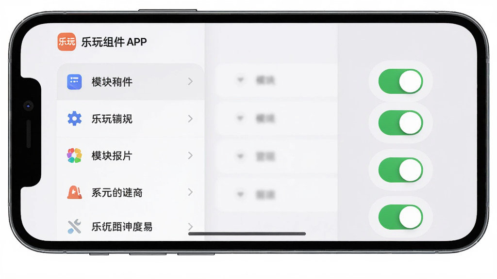 手机屏幕展示乐玩组件APP的模块管理界面,左侧为功能列表,右侧为开关按钮,背景为浅灰色,界面布局清晰,风格简洁现代,画质高清,无多余元素