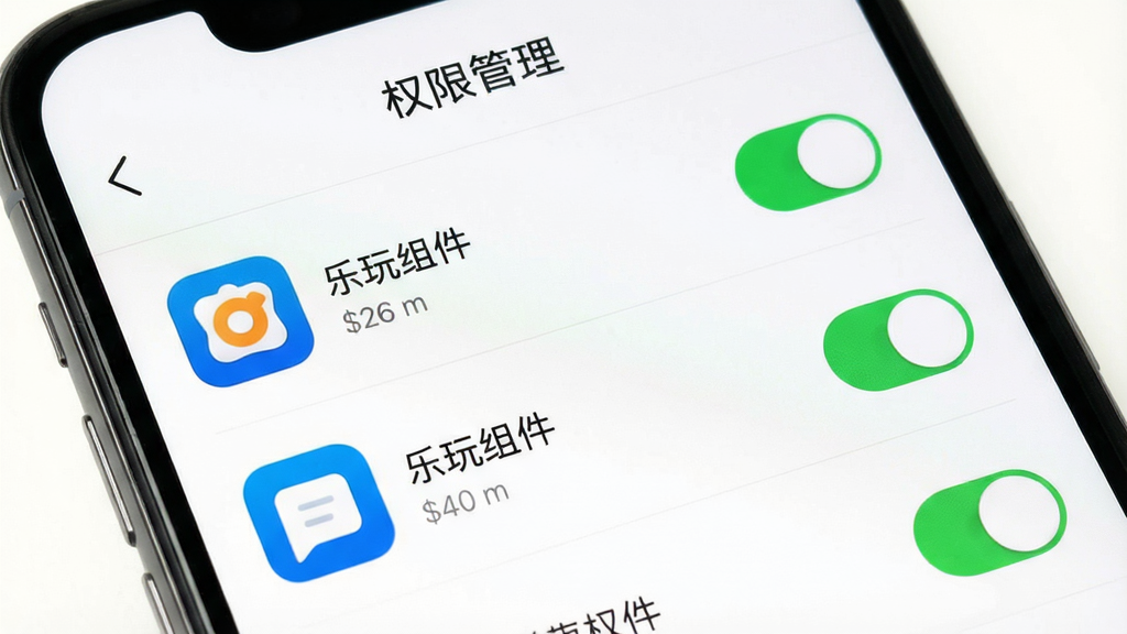 手机界面展示乐玩组件的权限管理页面,每个应用旁有权限开关,顶部有“权限管理”标题,背景为白色,风格简洁,重点突出,画质干净,无多余元素