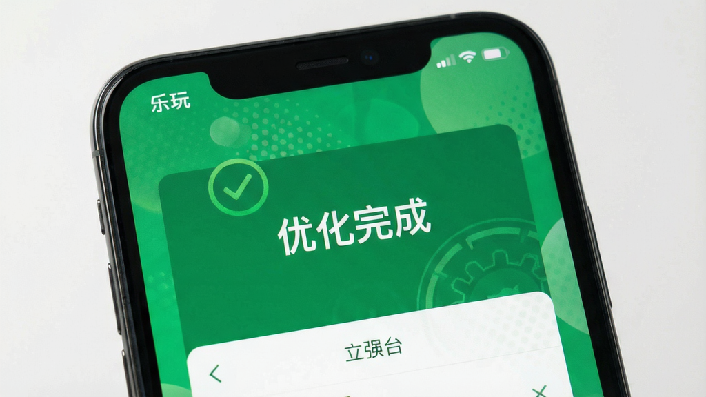 一张展示乐玩组件运行时的手机截图,屏幕显示“优化完成”提示,背景为绿色调,风格清新,画质清晰,无多余元素