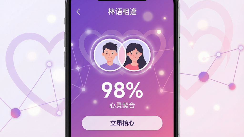 ���壺�ֻ�����չʾ��������ꡱ��ƥ����ҳ�棬������ʾ�����û�ͷ���ص�����Χ��ƥ��Ȱٷֱȡ�98%���͡��������ϡ����֣����֣�ͷ����У�ƥ����Ϣ���·�������Ϊ��������κ�����ͼ�����Ű棺���������ƥ�䰴ť��Ŀ������ִ���ƽ����ƣ�������ɫ���ɫ���䣻ϸ�ڣ�ͷ���й���Ч����ƥ��ٷֱ����ִ�������������е����Ĺ�ߣ����ʣ����壬�ɾ����޶���Ԫ�ء�