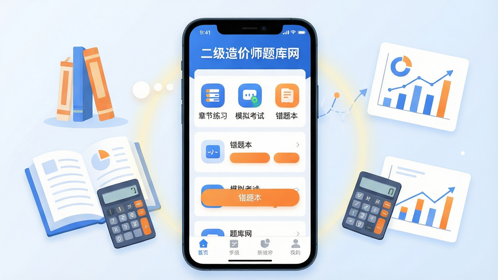 主体:手机屏幕展示二级造价师题库网App主界面,界面顶部显示“二级造价师题库网”品牌名称,中间为题库列表,底部为功能导航栏;布局:居中构图,手机竖屏展示,界面清晰直观;排版:UI设计简洁现代,信息层级分明,图标圆润;风格:扁平化插画风格,主色调为蓝色与白色,搭配橙色高亮按钮;细节:屏幕内显示“章节练习”“模拟考试”“错题本”等模块图标,背景有柔和的光晕与书本、计算器、造价图表等元素;画质:高清渲染,干净,无多余元素。