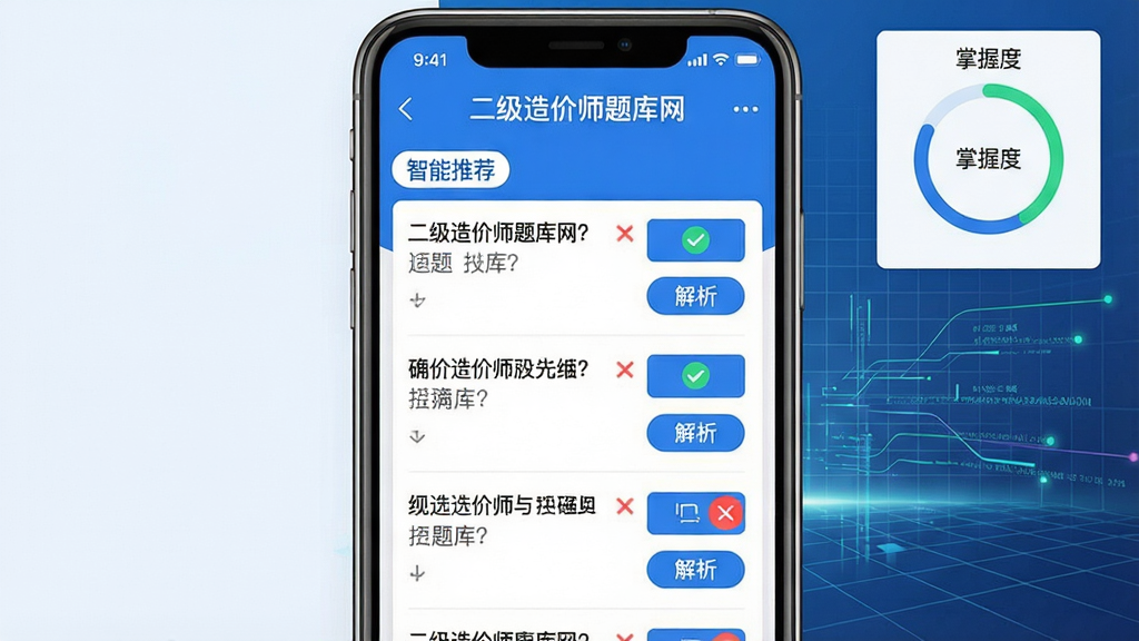 主体:二级造价师题库网App的智能题库界面,屏幕显示“智能推荐”标签与多道选择题;布局:手机居中,界面列表式排版,左侧为题目,右侧为选项按钮;排版:清晰有序,每道题下方有解析按钮;风格:科技感扁平风格,蓝白配色,点缀绿色对勾与红色叉号图标;细节:屏幕右上角显示“掌握度”进度环,背景为抽象网格与数据流线条,屏幕上方有“二级造价师题库网”字样;画质:高清,干净,无多余元素。