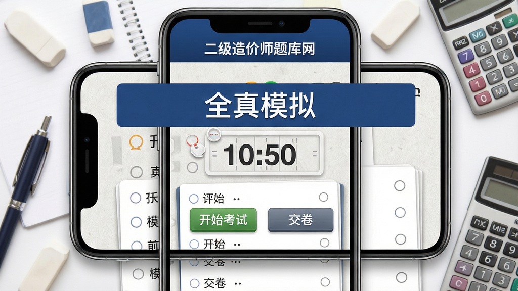 主体:二级造价师题库网App的模拟考试界面,屏幕中央显示“全真模拟”标题与倒计时时钟,下方为答题卡;布局:横向构图,手机居中,界面左右对称;排版:模拟试卷风格,题目区与选项区分明;风格:拟物化设计,纸张纹理背景,搭配深蓝色标题栏;细节:屏幕上有“开始考试”“交卷”按钮,背景有笔、橡皮、计算器等文具元素,顶部显示“二级造价师题库网”;画质:高分辨率,干净,无多余元素。