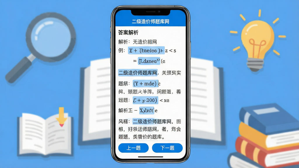 主体:二级造价师题库网App的答案解析页面,屏幕显示一道例题与详细解析文字;布局:手机居中,竖屏展示,解析内容分段呈现;排版:段落清晰,关键公式用蓝色高亮显示;风格:教育类App风格,白色背景,蓝色与灰色文字搭配;细节:屏幕底部有“上一题”“下一题”按钮,背景有放大镜、书本、灯泡等元素,顶部有“二级造价师题库网”标识;画质:清晰锐利,干净,无多余元素。