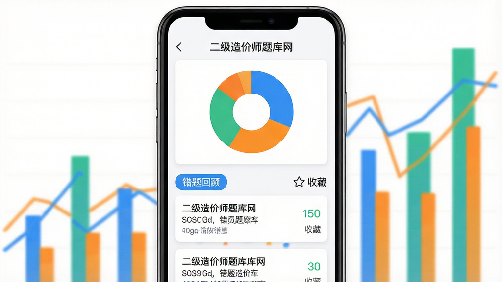 主体:二级造价师题库网App的错题本界面,屏幕显示错题列表与统计图表;布局:手机居中,上方为饼状图,下方为错题卡片列表;排版:数据可视化风格,图表色彩丰富;风格:简约商务风,白底搭配蓝、绿、橙三色数据;细节:屏幕上有“错题回顾”“收藏”标签,背景为抽象柱状图与折线图,顶部有“二级造价师题库网”字样;画质:高清,干净,无多余元素。
