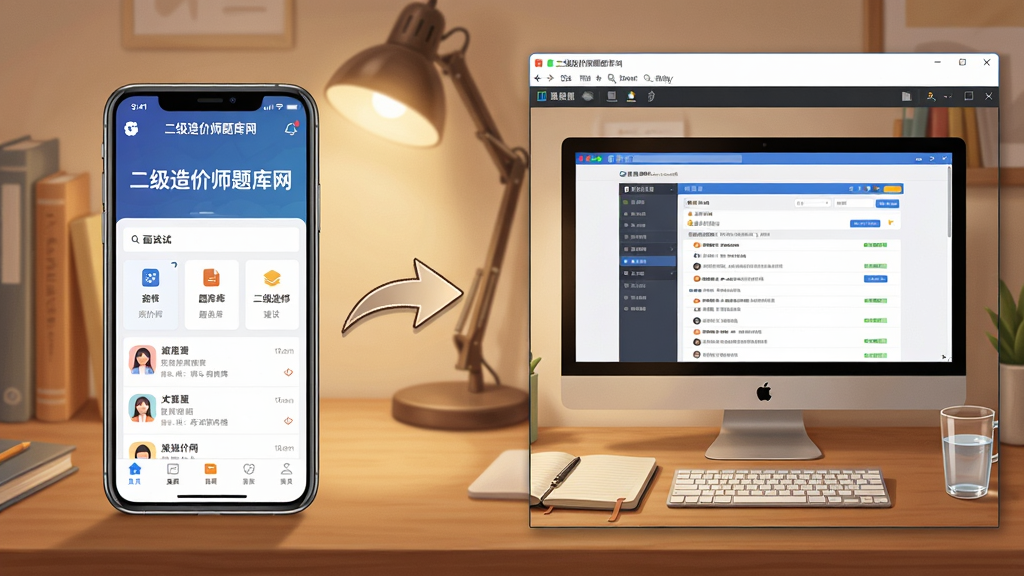 主体:二级造价师题库网App在手机与电脑上的使用场景拼图,左侧为手机竖屏显示App界面,右侧为电脑模拟器窗口;布局:左右对称,中间用箭头连接;排版:场景化展示,背景为书桌与台灯;风格:写实插画风格,暖色调;细节:手机屏幕上有“二级造价师题库网”界面,电脑屏幕显示模拟考试页面,桌上有笔记本、水杯;画质:高清,干净,无多余元素。