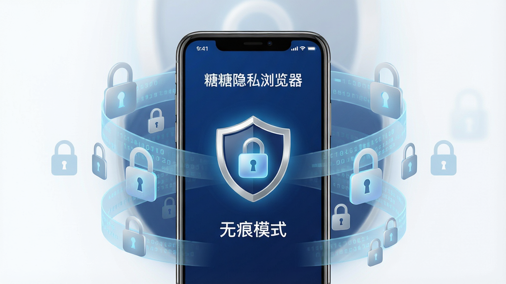 主体:糖糖隐私浏览器品牌标识与手机界面展示,手机屏幕显示隐私保护盾牌图标与“无痕模式”字样;布局:手机居中,周围环绕浅蓝色数据流与锁形图案,整体呈对称构图;排版:界面UI线条流畅,图标排列整齐,背景留白干净;风格:现代扁平化设计,科技感强,色调以深蓝与银白为主;细节:手机屏幕内清晰显示“糖糖隐私浏览器”名称,锁图标带发光效果,数据流呈半透明状;画质:超高清,干净,无多余元素。