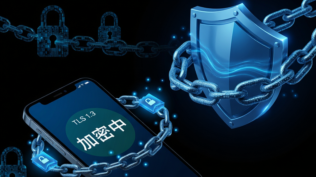 主体:糖糖隐私浏览器加密传输概念图,前景为手机屏幕显示“加密中”状态,背景为抽象的数字锁链与盾牌图形;布局:手机位于左下角,右上角为大型盾牌与锁链交织的视觉元素,形成对角线构图;排版:视觉元素层次分明,锁链纹理细腻,盾牌表面有微光流动;风格:高饱和科技蓝与黑色背景,强调安全与坚固感;细节:屏幕内显示“TLS 1.3”小字,锁链环绕数据包,数据包呈亮蓝色光点;画质:超清,干净,无多余元素。