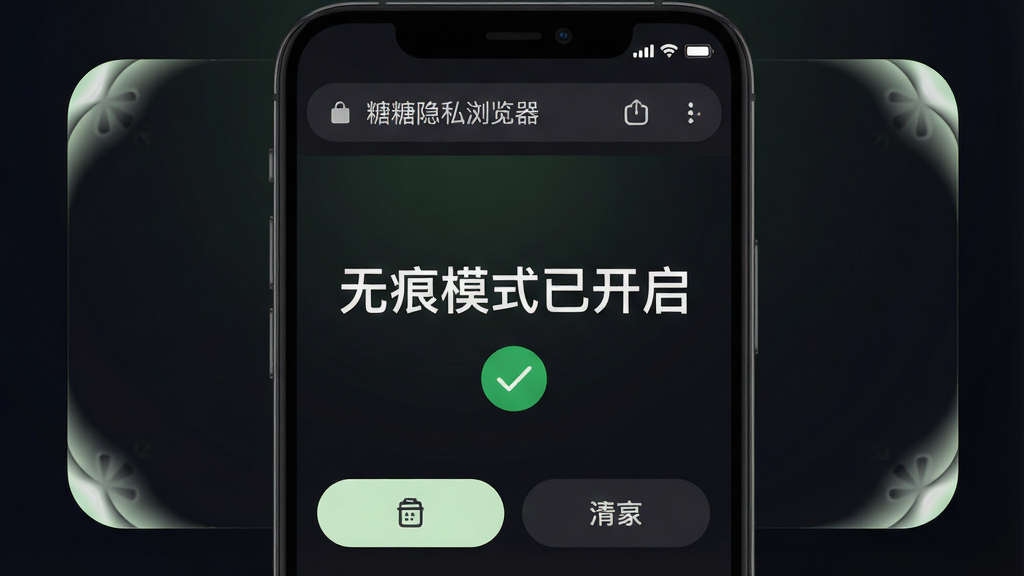 主体:手机屏幕展示糖糖隐私浏览器无痕模式界面,背景为深色渐变,中央显示“无痕模式已开启”字样与绿色对勾图标;布局:手机屏幕占据画面主体,上方为浏览器地址栏,下方为功能按钮,整体居中;排版:文字与图标间距均匀,采用无衬线字体,简洁清晰;风格:深色主题UI,科技感与安全感并重,点缀淡绿色高光;细节:屏幕四角有细微的擦除动画特效,暗示数据清除;画质:高清渲染,干净,无多余元素。