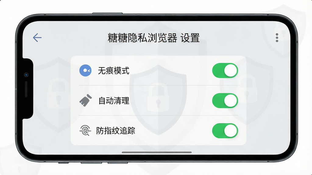 主体:手机横屏显示糖糖隐私浏览器设置页面,屏幕中有“无痕模式”、“自动清理”、“防指纹追踪”等开关均处于开启状态;布局:屏幕居中,设置项以列表形式排列,开关为绿色;排版:文字清晰,图标简洁,背景为浅灰色;风格:清爽扁平化设计,强调功能性与整洁感;细节:屏幕顶部显示“糖糖隐私浏览器 设置”,背景有细微的盾牌水印;画质:干净,高清,无多余元素。