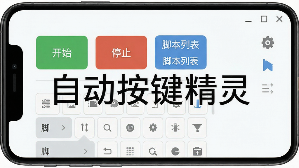 一张展示自动按键精灵软件界面的高清截图,主体为手机屏幕内软件主界面,布局清晰,包含“开始”、“停止”、“脚本列表”等按钮,风格简洁现代,细节丰富,画质干净,无多余元素,图片上带有“自动按键精灵”文字水印
