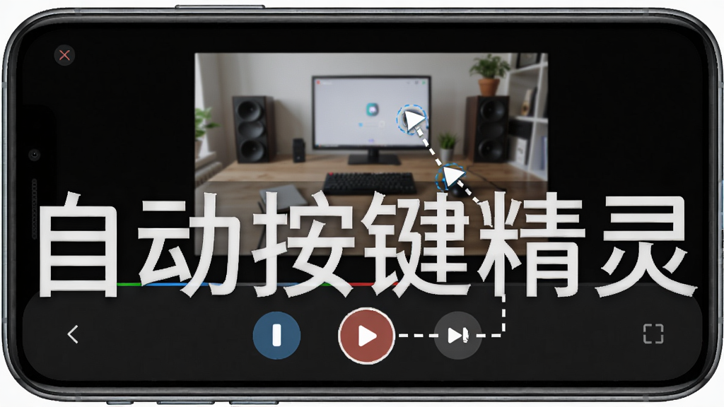 展示自动按键精灵录制功能的示意图,主体为手机屏幕,屏幕上显示录制控制条,布局为上下结构,上方是操作预览区域,下方是录制按钮,风格写实,细节包括点击轨迹的虚线标注,画质干净,无多余元素,图片上带有“自动按键精灵”文字
