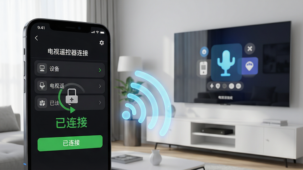主体:一部智能手机屏幕正显示“电视遥控器连接”APP的配对界面,旁边是一台现代客厅中的大屏智能电视。布局:手机位于画面左侧前景,电视占据右侧背景,两者之间有一条发光的Wi-Fi信号波纹连接线。排版:手机界面清晰显示“电视遥控器连接”字样及设备列表,整体构图干净。风格:科技感、简约、明亮,3D渲染风格。细节:手机界面有“已连接”绿色状态标识,电视画面显示配对成功动画,高清画质,干净,无多余元素。
