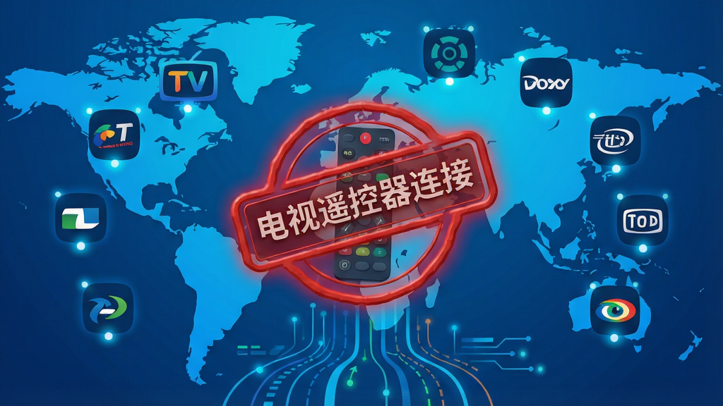 主体:一张世界地图背景上,散布着多个电视品牌的抽象Logo图标,中心位置是一枚发光的红色“万能遥控”印章。布局:地图作为全屏背景,品牌图标呈弧形排列,中心印章突出。排版:印章上刻有“电视遥控器连接”字样,地图下方有数据流动线条。风格:扁平化插画风格,色彩鲜明,科技蓝为主色调。细节:每个品牌图标带有小光点,表示已适配,画质高清,干净,无多余元素。