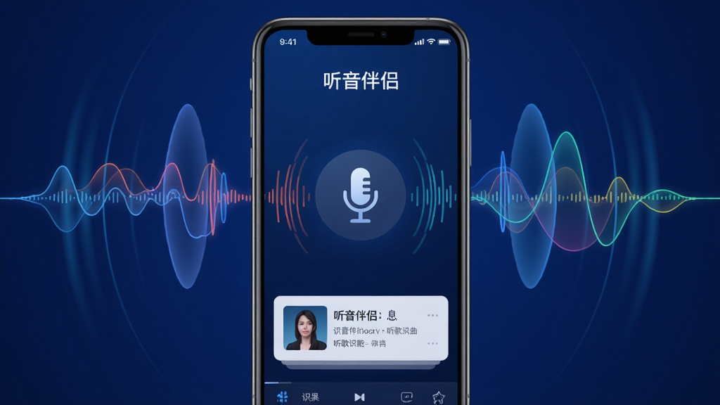 主体:手机屏幕展示“听音伴侣”听歌识曲功能,界面中央有一个麦克风图标,周围环绕着彩色声波,底部显示识别结果歌曲信息。布局:手机居中,背景为深蓝色,声波动画醒目。排版:简洁明了,信息层次分明。风格:科技感,动态效果,蓝色调。细节:声波线条流畅,歌曲信息卡片清晰。画质:高清,干净,无多余元素。