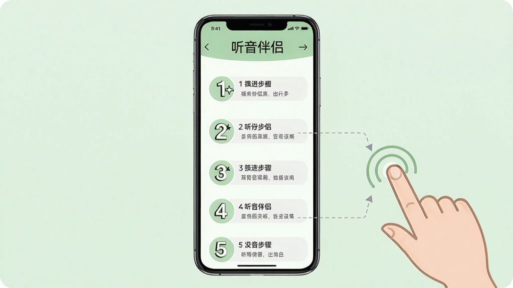主体:手机展示“听音伴侣”使用教程,屏幕显示操作步骤列表,旁边有手指点击示意图。布局:手机居中,背景为浅绿色,步骤图标清晰。排版:图文结合,步骤分明。风格:教学风格,简洁易懂。细节:步骤数字标注,图标形象。画质:高清,干净,无多余元素。