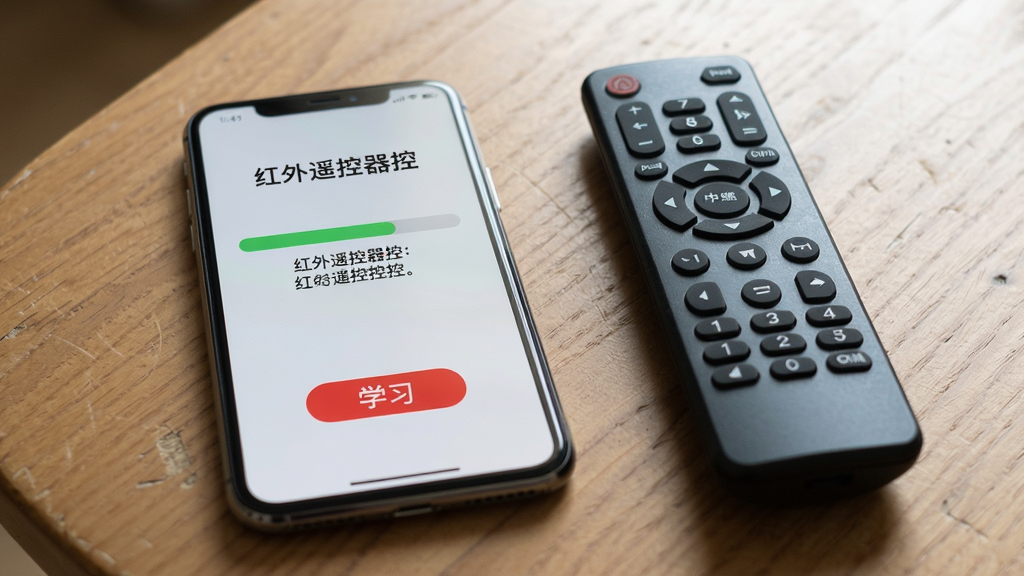 主体:手机放在桌面上,旁边有一个实体遥控器,手机屏幕显示“红外遥控器控”的学习界面,有一个红色的“学习”按钮。布局:手机与遥控器并排,手机屏幕朝向观众。排版:对比鲜明,突出学习过程。风格:写实风格,光线柔和。细节:手机屏幕有进度条和提示文字,遥控器按键清晰。画质:高清,干净,无多余元素。