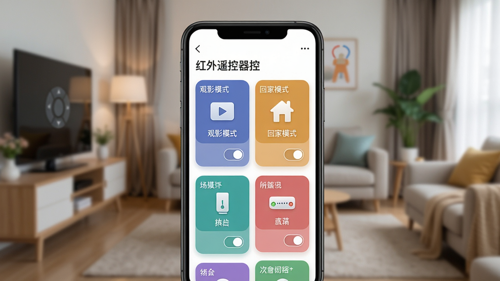 主体:手机屏幕显示“红外遥控器控”的场景编辑页面,有“观影模式”、“回家模式”等卡片,卡片上有设备图标。布局:手机居中,界面元素排列整齐。排版:卡片式布局,清晰直观。风格:简约现代,色彩明快。细节:场景卡片有开关按钮,背景是模糊的家庭客厅。画质:高清,干净,无多余元素。