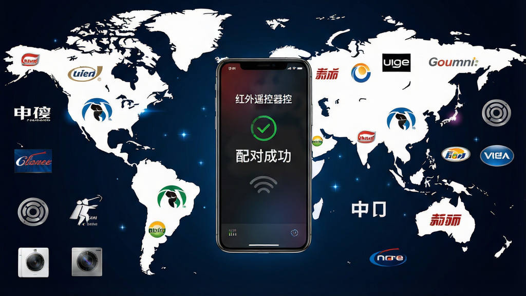 主体:一张世界地图背景,上面散布着各种家电品牌logo,中央有一部手机显示“红外遥控器控”的配对成功界面。布局:地图作为背景,品牌logo如繁星分布,手机位于画面中央。排版:对称均衡,logo排列有序。风格:大气磅礴,商务科技风。细节:手机屏幕显示“配对成功”字样,品牌logo清晰可辨。画质:高分辨率,干净,无多余元素。