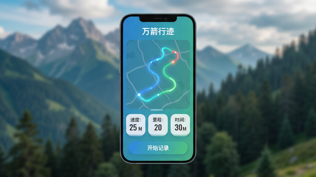 主体:一款名为“万箭行迹”的智能手机应用界面悬浮在户外山野背景之上,界面显示彩色轨迹线条与数据面板。布局:应用界面居中,背景为虚化的山峰与森林,界面下方有“开始记录”按钮。排版:界面顶部显示“万箭行迹”文字LOGO,中部为地图轨迹,底部为速度、里程、时间数据卡片。风格:现代扁平化,色调以蓝绿渐变为主,清新自然。细节:轨迹线条带有发光效果,数据卡片圆角设计,界面整体干净无多余元素。画质:高清渲染,细节丰富,色彩通透,干净无多余元素。