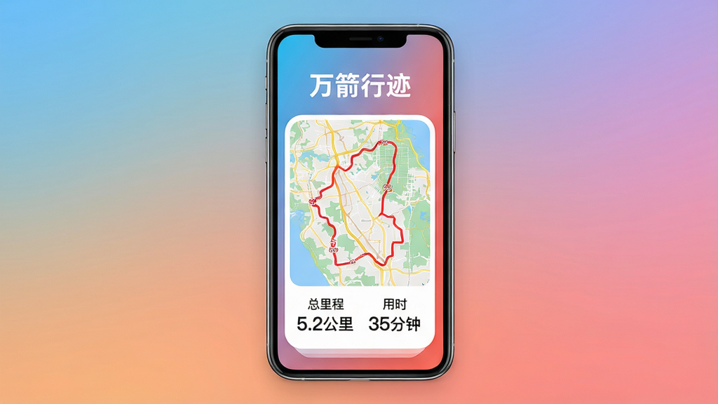 主体:手机屏幕展示“万箭行迹”的行程分享海报,海报上有轨迹地图、里程数据与时间。布局:手机居中,屏幕内海报占据主要画面,背景为渐变色。排版:海报顶部有“万箭行迹”标题,中间为地图轨迹,底部为“总里程 5.2公里 用时 35分钟”等数据。风格:简约设计,色彩明快,海报边缘有圆角。细节:轨迹为红色线条,数据字体清晰,整体干净无多余元素。画质:高分辨率,光影柔和,干净无多余元素。