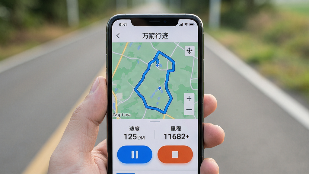 主体:一部手机屏幕上显示“万箭行迹”的轨迹记录界面,界面有暂停与停止按钮。布局:手机居中,背景为户外道路,屏幕内显示地图与实时数据。排版:屏幕上方有“万箭行迹”标题,中间为地图,下方为速度、里程数据。风格:纪实风格,光线自然,色彩真实。细节:地图上有蓝色轨迹线,按钮醒目,整体干净无多余元素。画质:高清,细节清晰,干净无多余元素。