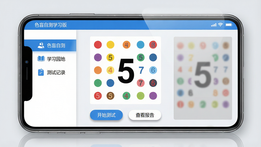 主体:一款名为“色盲自测学习版”的软件界面展示图,界面风格简洁现代,主色调为蓝白相间。布局:画面中央展示一张经典的色觉检测图(由彩色圆点组成的数字图案),屏幕下方有“开始测试”和“查看报告”两个按钮,手机顶部状态栏显示软件名称“色盲自测学习版”。排版:左侧为功能菜单栏,包含“色盲自测”、“学习园地”、“测试记录”等选项,右侧为预览区域,整体排版清晰明了。风格:扁平化UI设计风格,色彩明快,图标线条流畅,背景为浅灰色,突出软件的专业性与易用性。细节:检测图上的数字“5”清晰可辨,按钮带有轻微阴影效果,屏幕边缘有柔光反射,整体画面干净整洁。画质:4K超高清画质,细节丰富,无多余元素。