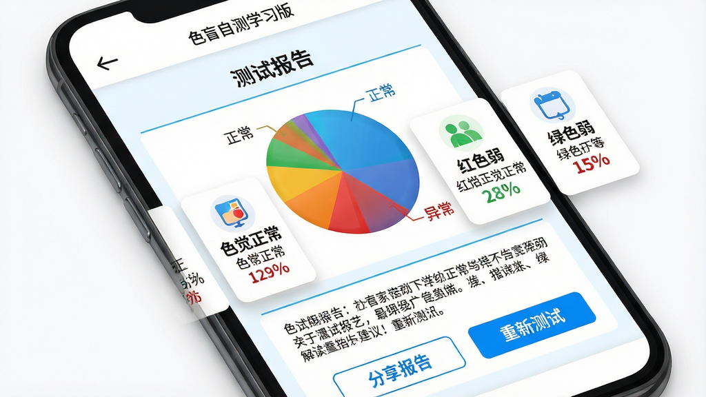主体:手机屏幕特写,展示“色盲自测学习版”的测试结果报告页面。布局:报告页面顶部显示“测试报告”标题,下方用饼状图展示色觉正常、红色弱、绿色弱等各项数据占比,底部附有详细的文字解读与建议。排版:报告数据以卡片形式横向排列,每张卡片包含图标、数值和说明文字,布局错落有致,重点数据用蓝色高亮显示。风格:数据可视化风格,图表色彩鲜明,背景为纯白色,搭配浅蓝色分割线,整体风格专业且易于理解。细节:饼状图旁有“正常”和“异常”的标注,报告底部有“分享报告”和“重新测试”的按钮,屏幕上方有返回箭头。画质:高清渲染,文字清晰锐利,无多余元素。
