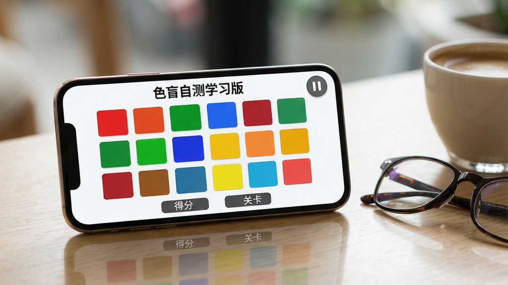 主体:一部智能手机横屏放置在桌面上,屏幕显示“色盲自测学习版”的训练游戏界面,界面中有多个彩色色块正在移动。布局:手机位于画面中央偏左,右侧摆放一副眼镜和一杯咖啡,桌面为浅木色,背景虚化。排版:手机屏幕内的色块排列整齐,底部有“得分”和“关卡”字样,界面右上角有暂停按钮。风格:生活化场景拍摄风格,光线柔和,色彩自然,突出软件在日常生活场景中的应用。细节:屏幕上的色块包含红、绿、蓝、黄四种颜色,手机边框为金属质感,桌面有轻微反光。画质:高清写实,画质细腻,无多余元素。