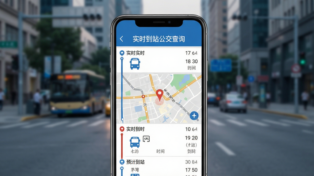 实时到站公交查询软件主界面预览图,手机屏幕显示公交线路列表,包含车辆实时位置地图和预计到站时间,背景为城市街道模糊处理,界面以蓝色和白色为主色调,扁平化设计风格,清晰展示“实时到站公交查询”字样,整体布局简洁明快,画质高清,干净无多余元素