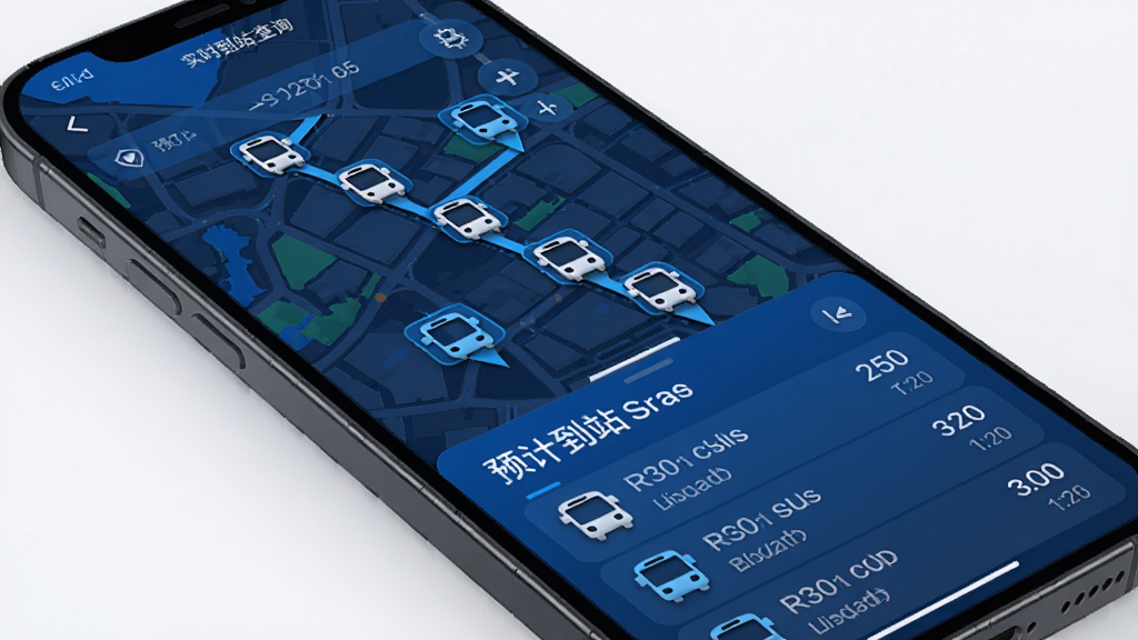 实时到站公交查询app功能预览图,手机屏幕显示城市地图,地图上有多个公交车辆图标沿线路移动,下方显示预计到站时间列表,界面采用科技感蓝色调,信息清晰易读,整体风格简洁专业,画质高清,干净无多余元素
