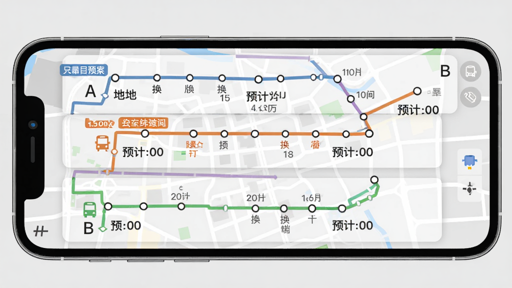实时到站公交查询路线规划功能预览图,手机屏幕显示从A地到B地的多条路线方案,每条路线用不同颜色标注,包含换乘站点和预计时间,背景为简洁的灰色地图,界面设计清晰直观,风格现代简约,画质高清,干净无多余元素