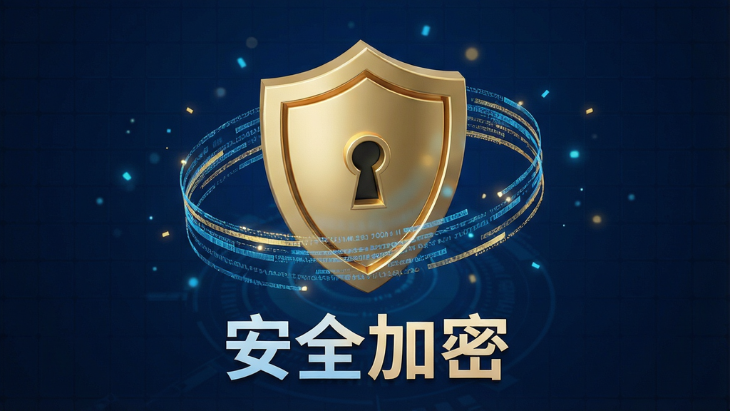 主体:鸿达通IM安全加密概念图,中央是一个金色盾牌图标,盾牌上带有锁孔图案,周围环绕数据流线条。布局:盾牌居中,背景为深蓝色科技网格,四周有微弱的光效粒子。排版:盾牌下方标注文字“安全加密”,字体简洁有力。风格:科技感3D渲染,光影层次分明。细节:数据流线条呈现蓝色和金色交织,象征加密传输,画面干净无多余元素。画质:超清细腻,干净,无多余元素。