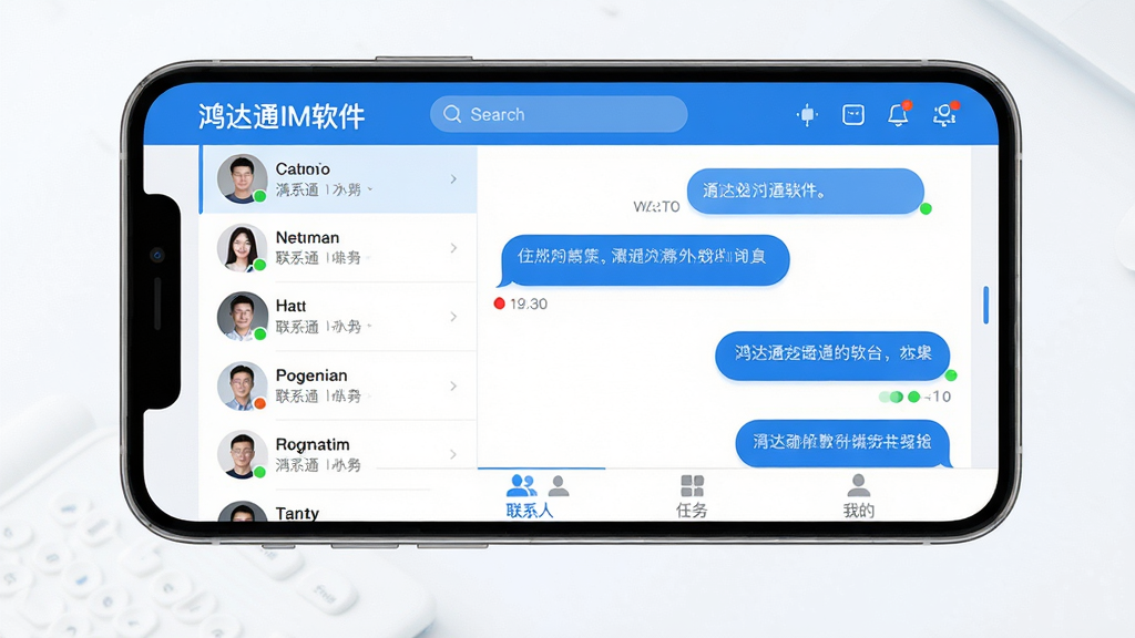 主体:鸿达通IM软件主界面展示,手机屏幕内呈现聊天列表和对话窗口。布局:手机居中,屏幕内容清晰可见,左侧显示联系人列表,右侧为对话界面,顶部有搜索栏和功能图标。排版:界面元素排列整齐,色彩以蓝白为主,简洁明快。风格:现代扁平化设计,科技感强。细节:消息气泡圆润,状态指示灯清晰,底部导航栏有消息、联系人、任务、我的四个标签。画质:高清渲染,干净,无多余元素。