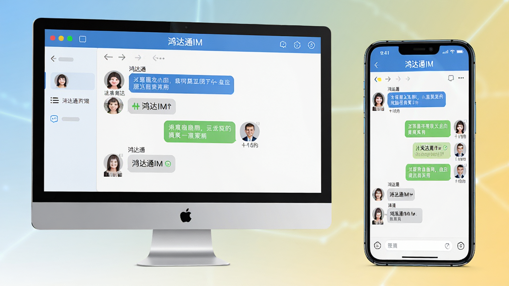 主体:手机和电脑同时显示鸿达通IM聊天界面,体现多端同步。布局:左侧为电脑屏幕,右侧为手机,两者画面同步显示相同聊天内容。排版:设备并排摆放,背景为渐变色,干净明亮。风格:现代科技感,3D渲染。细节:聊天气泡、联系人头像清晰可见,屏幕上有“鸿达通IM”字样。画质:超清,干净,无多余元素。