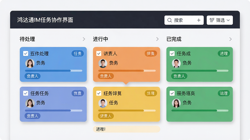 主体:鸿达通IM任务协作界面,展示一个任务看板,包含“待处理”、“进行中”、“已完成”三列。布局:看板横向排列,每列有任务卡片,卡片上显示任务标题、负责人头像和进度条。排版:卡片整齐排列,色彩区分状态,整体风格商务简洁。风格:扁平化设计,配合柔和的阴影效果。细节:任务卡片上有复选框和标签,顶部有搜索和筛选按钮。画质:高清晰度,干净,无多余元素。