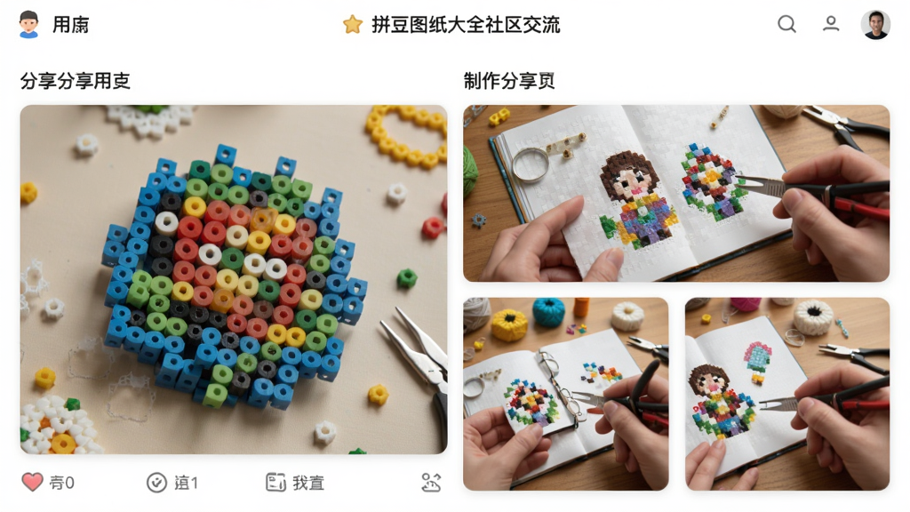 拼豆图纸大全社区交流界面预览,展示用户分享的拼豆作品照片,有拼豆成品图和制作过程图,界面友好,色彩丰富,画质清晰,无多余元素