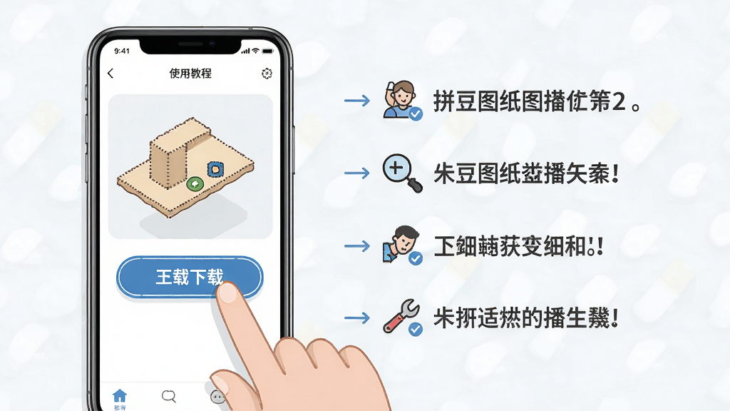 拼豆图纸大全使用教程示意图,展示手机操作界面,手指点击下载按钮,旁边有步骤提示文字,风格简洁,画质干净,无多余元素