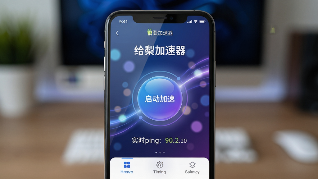 主体:给梨加速器APP界面在手机屏幕上显示的实拍场景,手机屏幕中清晰展示出“给梨加速器”主界面,界面设计简约时尚,背景为动感光效。 布局:手机居中,屏幕朝上,周围环境虚化,焦点集中在屏幕上的加速按钮与实时ping数据。 排版:手机屏幕内的UI元素排列整齐,顶部为状态栏,中部为大型圆形启动加速按钮,底部为功能菜单栏。 风格:现代科技感,色彩鲜明,蓝色与紫色渐变主色调,光效流畅。 细节:屏幕玻璃反光自然,界面文字清晰锐利,按钮有光泽感,背景光斑柔和。 画质:超高清,8K分辨率,细节丰富,干净,无多余元素。